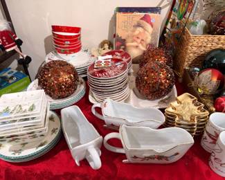 Christmas china with porcelain sleigh servers