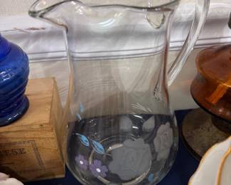 Etched glass water pitcher with frosted roses