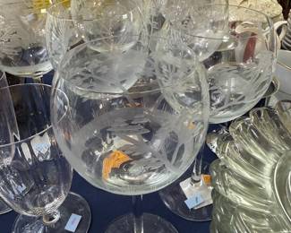 Set of etched crystal balloon wine glasses