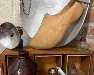 Wooden shoe form and Mercury stoneware jug