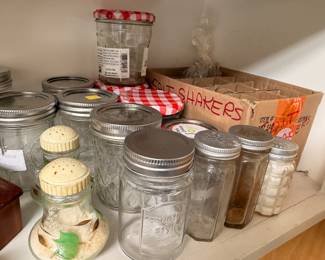 Box lot of glass shakers and canning jars