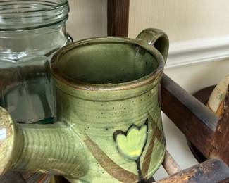 Green glazed studio pottery watering pitcher