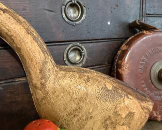 Oversized carved wood display pipe with leather tape measure