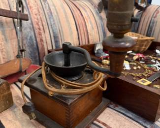 Antique wooden box coffee grinder with cast iron crank