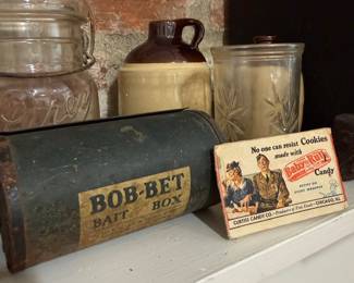 Bob-Bet bait box tin and Baby Ruth advertising sign