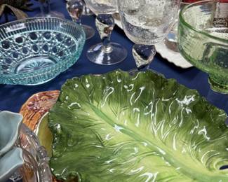 Green cabbage leaf ceramic serving dish