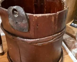 Primitive red painted wooden bucket with iron handles
