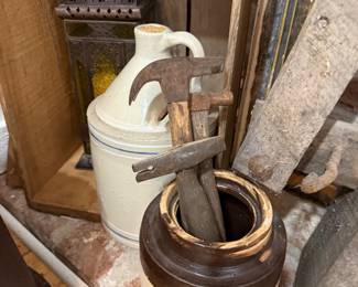 Blue banded stoneware jug and primitive hand tools