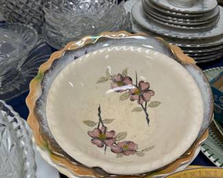 Hand painted dogwood bowl with china and cut glass