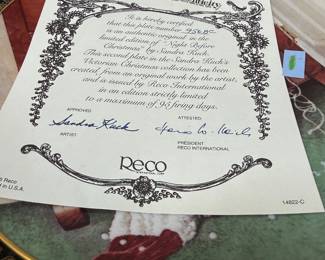 Reco collector plate with certificate, Sandra Kuck Victorian Christmas
