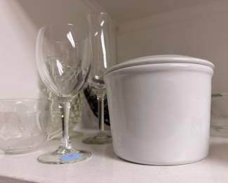 White ceramic lidded crock with stemware