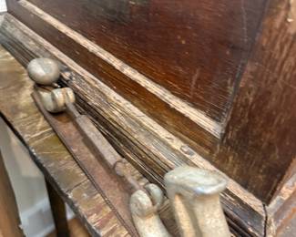 Antique wood tool chest with cast handles