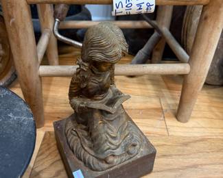 Brass girl reading figurine and primitive stool