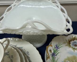 Milk glass open lace compote and hand painted bowl