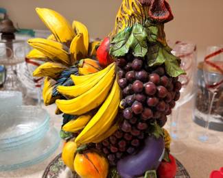 Large ceramic rooster and fruit figurine