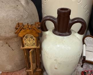 Federal Law Forbids Sale stoneware jug and miniature clock