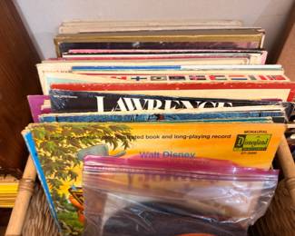 Basket of vintage LP records including Disney and Lawrence Welk