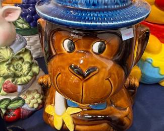 Vintage monkey in blue hat cookie jar