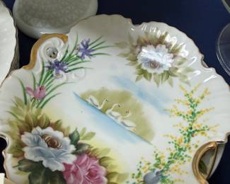 Hand painted porcelain cake plate with swans and roses