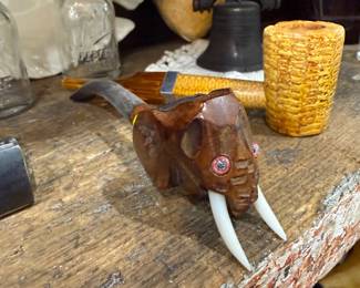 Carved elephant head pipe bowl with tusks
