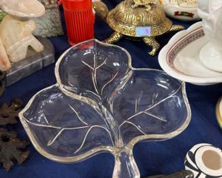 Glass leaf shaped divided relish dish