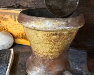 Antique salt glazed stoneware crock and tin sifter