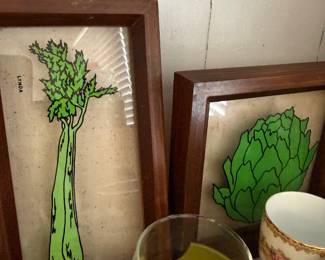 Framed vegetable art prints, celery and artichoke