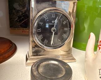 Wallace silver plate carriage clock and Dietzgen tin
