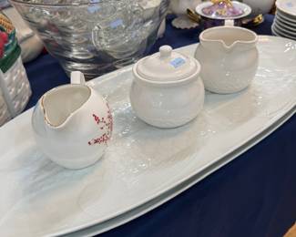 White porcelain cream, sugar and long serving tray