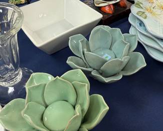 Pair of celadon ceramic lotus flower dishes