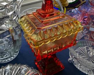Amberina pressed glass covered pedestal candy dish