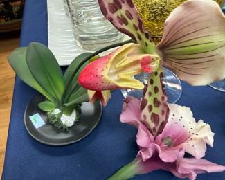 Porcelain orchid and lily flower figurines