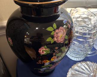 Black floral ginger jar with gold trim