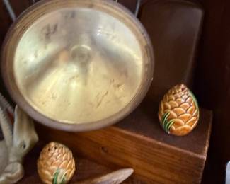 Brass bowl and ceramic pineapple salt and pepper shakers
