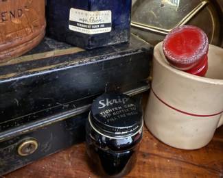 Vintage Skrip and Quink ink bottles with stoneware mug