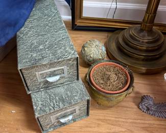 Vintage card file drawer boxes and brass pot