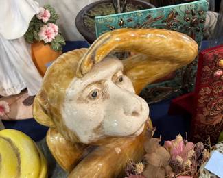 Majolica style monkey with bananas figurine