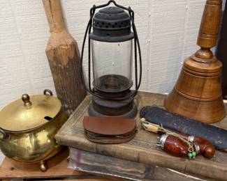 Brass pot, barn lantern and antique hand tools