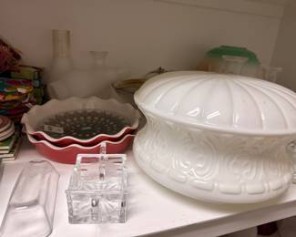 Milk glass covered bowl and ceramic pie dish