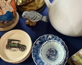 First Dodge 1914 coasters and blue white bowl