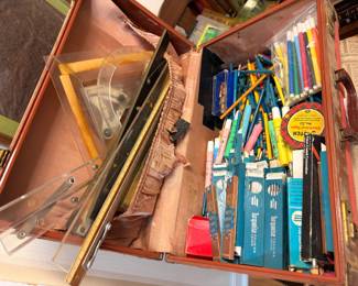 Vintage artist case with Turquoise drafting pencils and triangles
