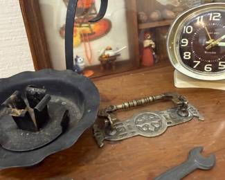 Westclox clock, primitive candle stand and brass pull