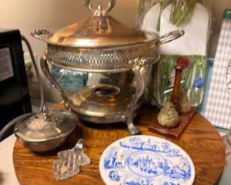 Silverplate footed chafing dish and serving pieces