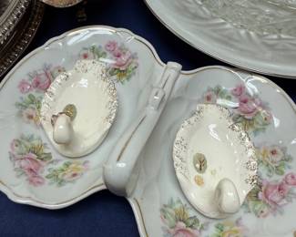 Hand painted rose porcelain divided condiment dish