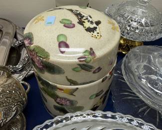 Hand painted lily pad ceramic canister and glass covered dish