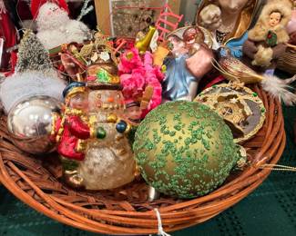 Basket of vintage glass Christmas ornaments