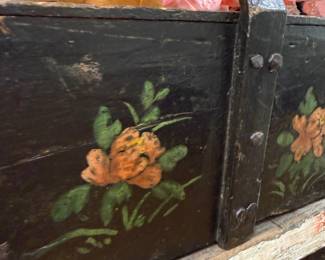 Antique hand-painted floral wooden tool tote