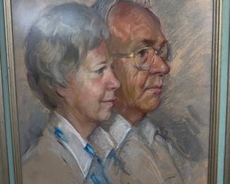 Signed pastel portrait of a couple, framed
