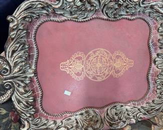 Ornate scrollwork decorative tray with mosaic border