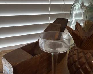Antique wooden plane and crystal stem glass